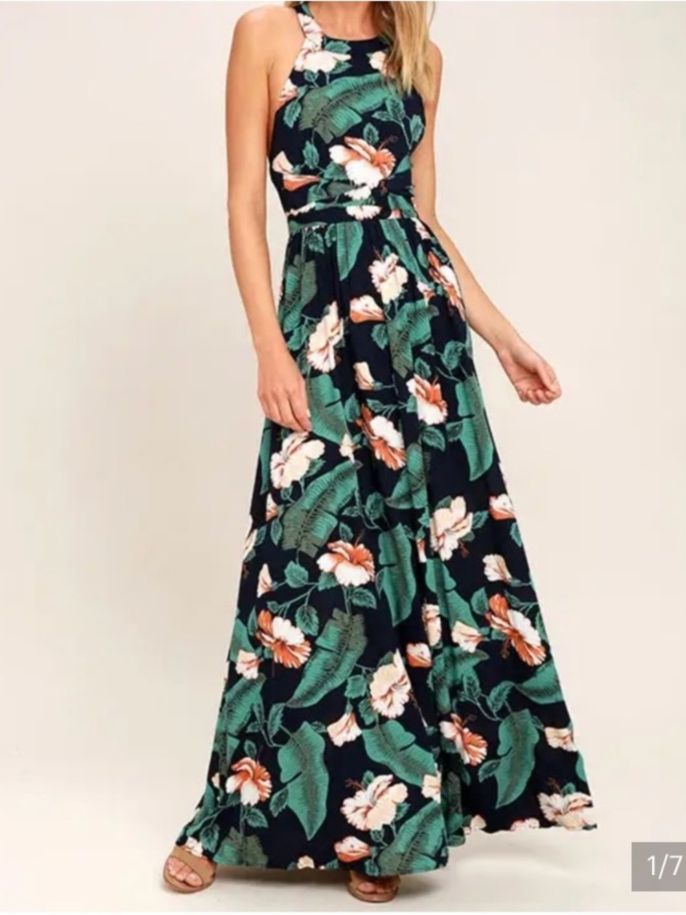 Lulu's Navy Floral Maxi Dress with Cream & Orange Blooms